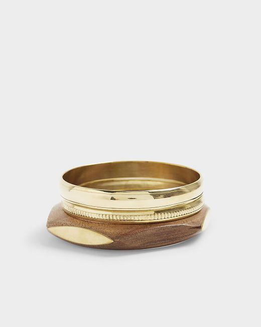 River Island White Brown Wood And Gold Bangle Bracelet Multipack
