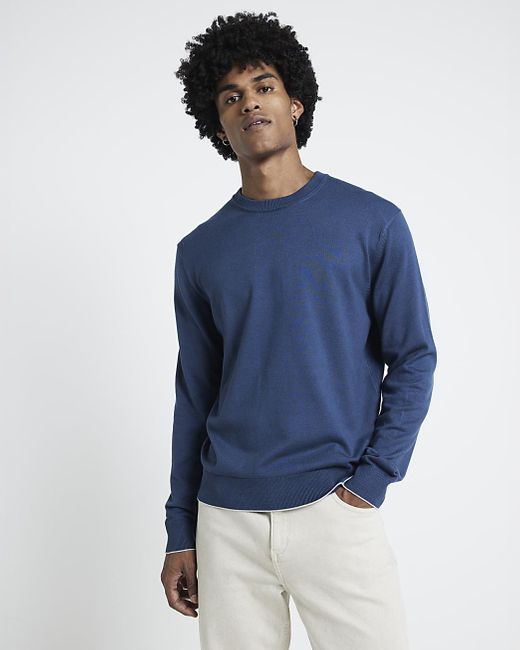 River Island Blue Slim Fit Fine Knit Crewneck Jumper for men