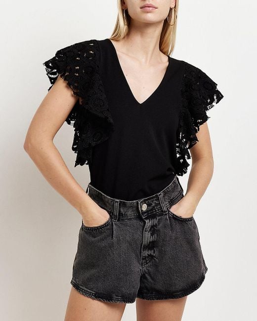 River Island Black Lace Frill Top | Lyst UK