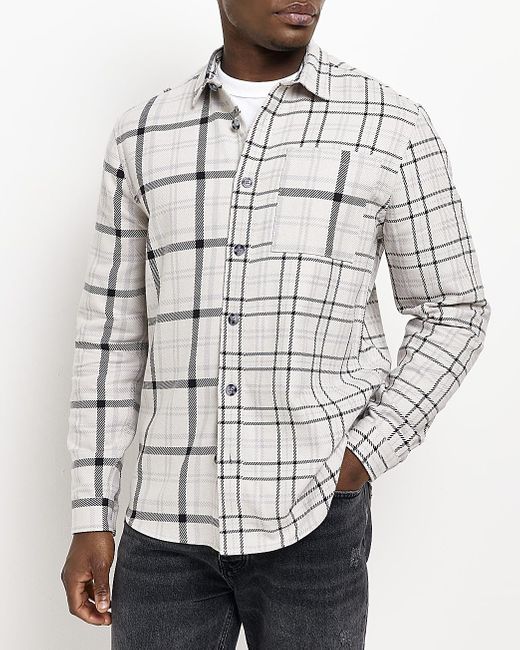 River Island Gray Grey Regular Fit Check Long Sleeve Shirt for men
