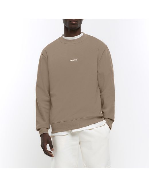 River Island Natural Grey Regular Fit Embroidered Tokyo Sweatshirt for men