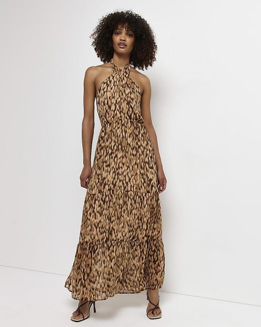 River Island Brown Printed Halter Neck Maxi Dress | Lyst UK