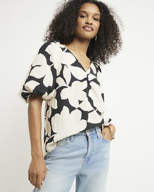 River Island Blue Black Floral Puff Sleeve Blouse