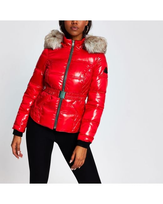 River Island Red Double Zip Belted Padded Coat | Lyst Canada