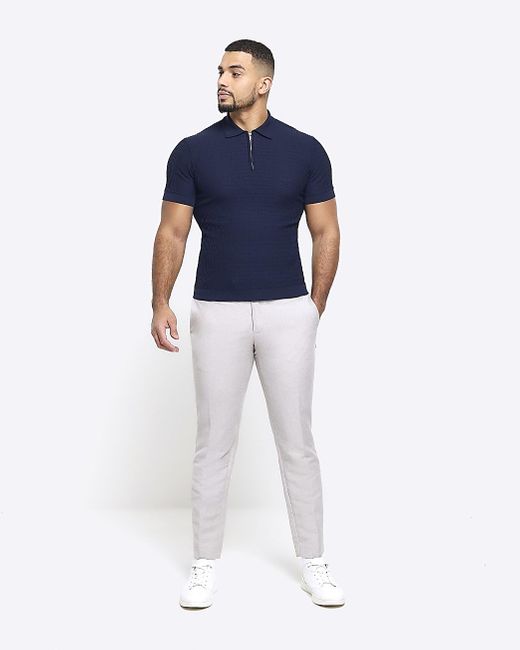 River Island Blue Knitted Half Zip Polo for men