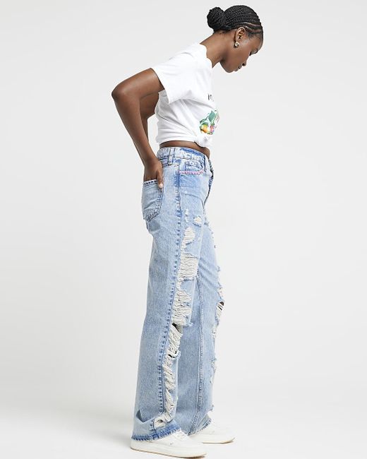 River Island Blue Stitch Ripped Relaxed Straight Fit Jeans