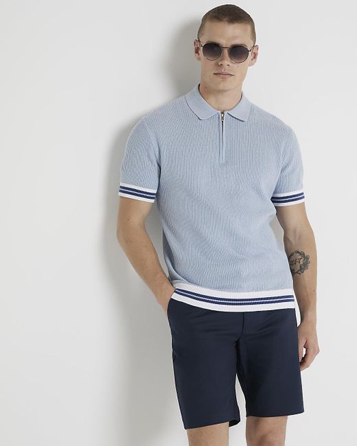 River Island Blue Knitted Polo Shirt for men