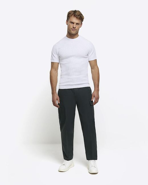 River Island White Muscle Fit Brick Knit T-shirt for men