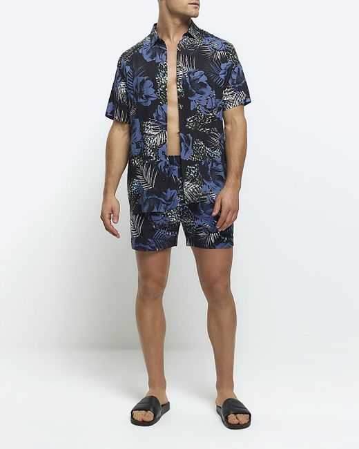 River Island Blue Regular Fit Floral Short Sleeve Shirt for men