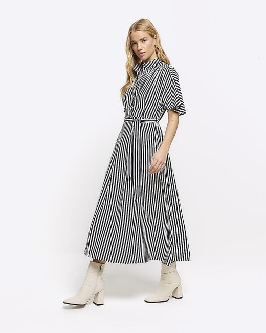 River Island Gray Stripe Belted Midi Shirt Dress