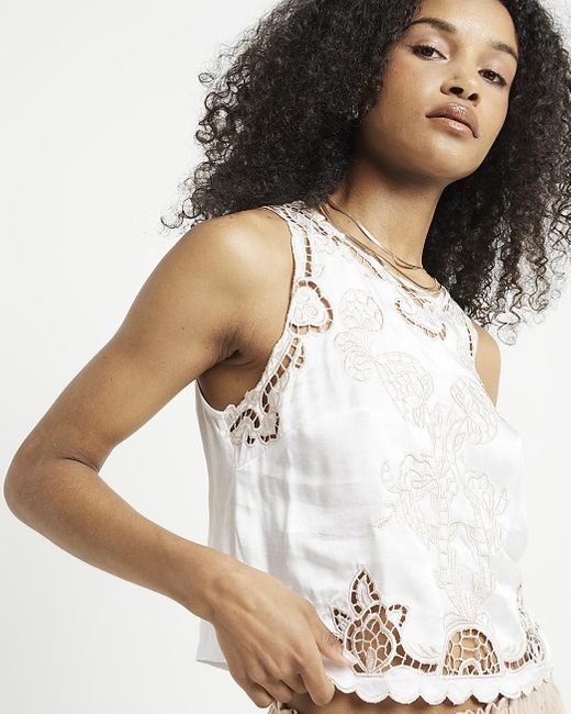 River Island Natural White Embroidered Cut Out Tank Top