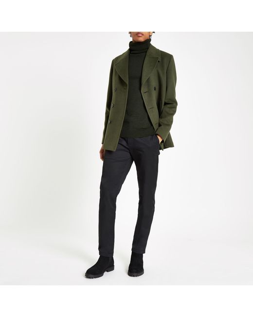 River Island Green Double Breasted Peacoat for men