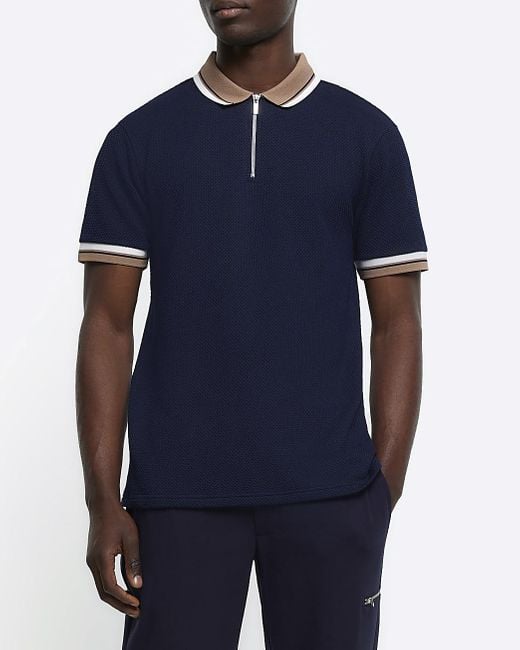 River Island Blue Textured Taped Polo for men
