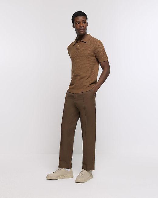 River Island Brown Textured Knit Polo for men