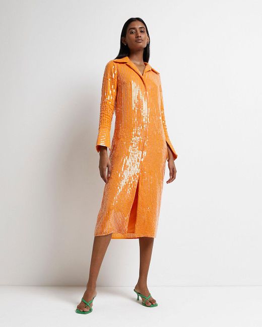 River Island Orange Sequin Midi Shirt 