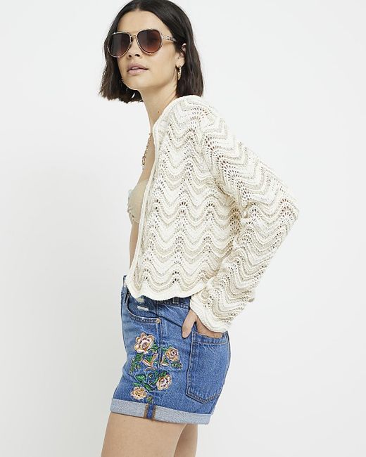 River Island White Floral Embroidered Mom Denim Shorts