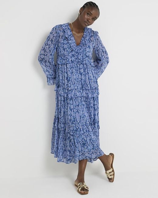 River Island Blue Floral Frill Detail Swing Maxi Dress