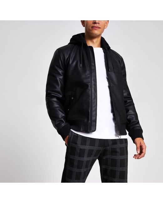River Island Black Faux Leather Hooded Bomber Jacket for Men | Lyst Canada