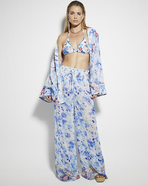 River Island Blue Tie Dye Embroidered Wide Leg Trousers
