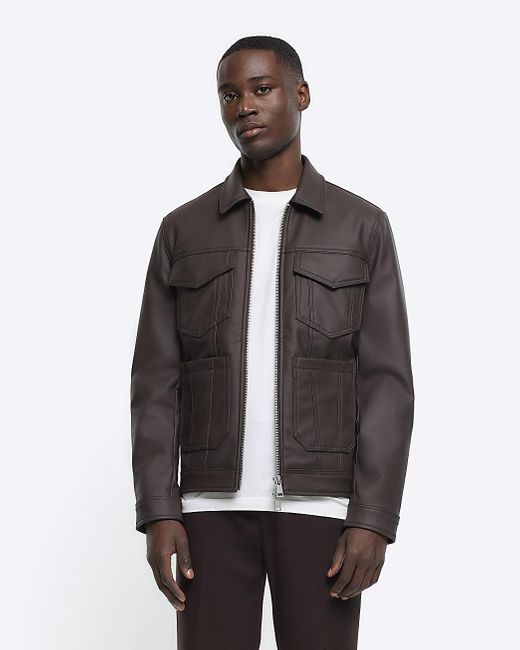 River Island Brown Faux Leather Western Jacket for men