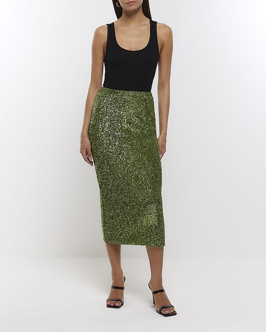River Island Green Sequin Midi Skirt