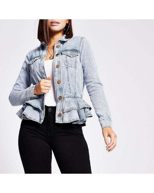 River island blue frill fitted denim jacket Clearance