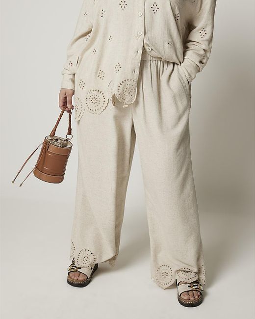 River Island Natural Plus Beige Linen Blend Broderie Trousers