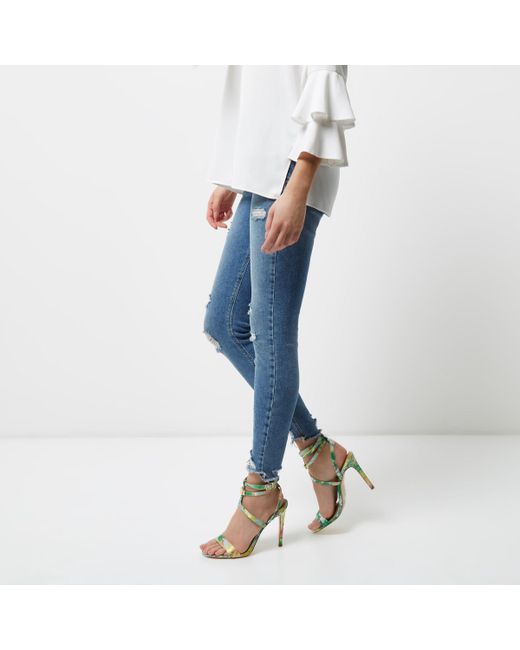 River Island Leather Green Floral Print Caged Strappy Sandals | Lyst