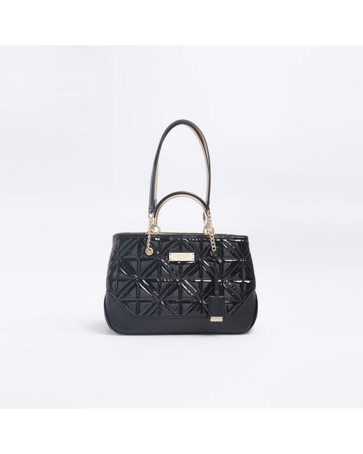 River Island Blue Black Quilted Chain Handle Tote Bag
