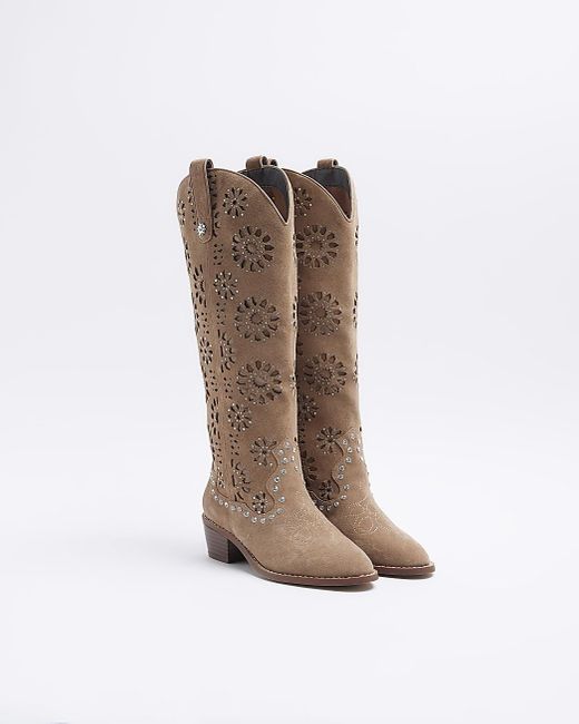 River Island Brown Suede High Leg Cut Out Western Boot