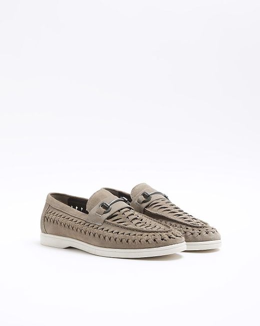River Island White Grey Suede Woven Chain Loafers for men