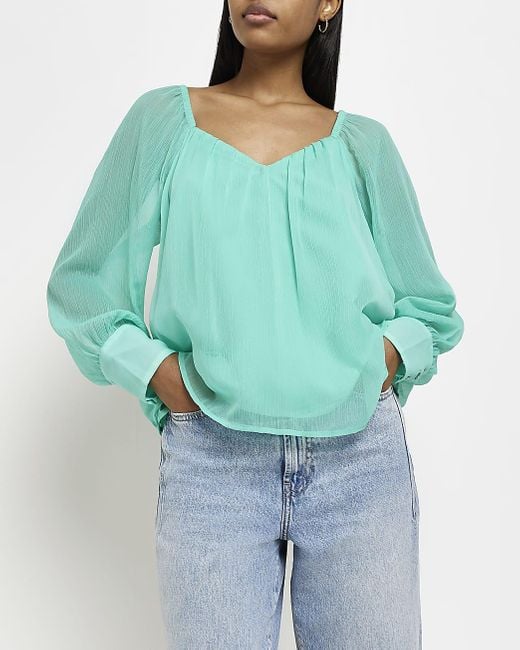 River Island Cotton Blue Bardot Blouse Lyst