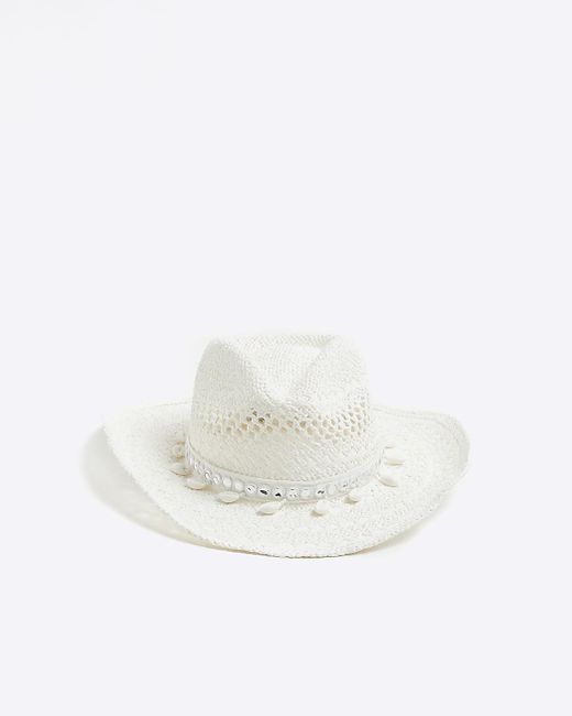 River Island White Shell Cowboy Straw Hat