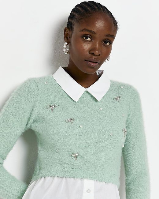 River Island Green Embellished Fluffy Shirt Jumper Lyst
