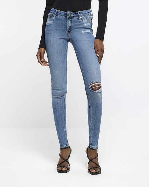 River Island Tall Mid Rise Ripped Skinny Jeans in Blue | Lyst