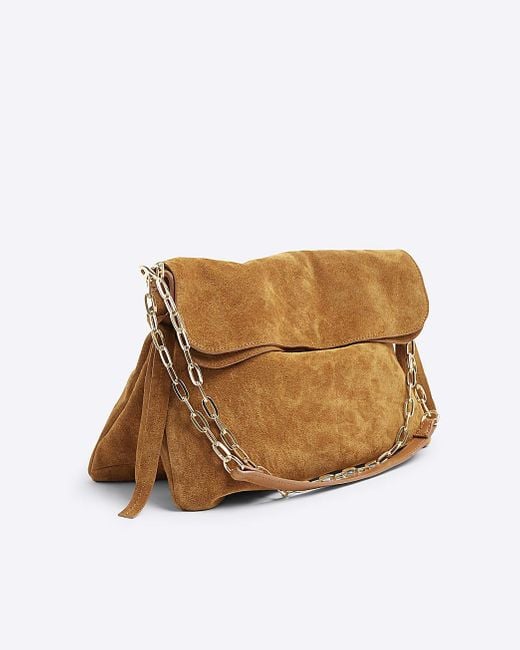 River Island Brown Suede Fold Over Shoulder Bag