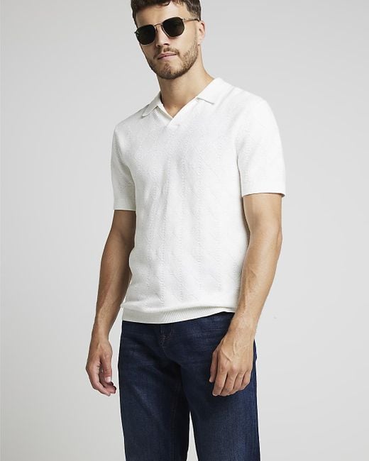 River Island White Slim Fit Diamond Stitch Knit Polo Shirt for men