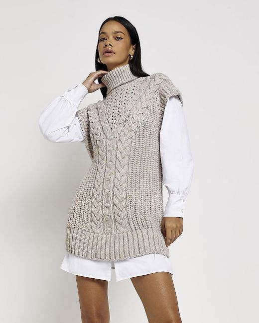 River Island White Beige Cable Knit Mini Jumper Shirt Dress