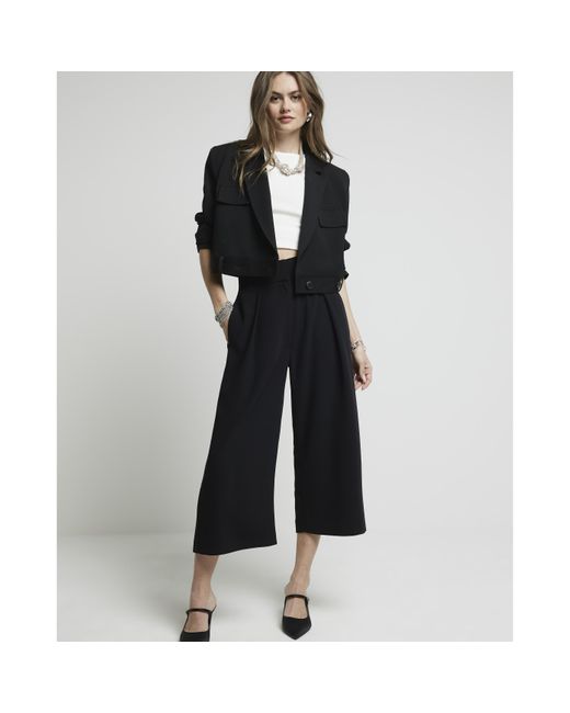 River Island Black Wide Leg Pleated Cropped Trousers