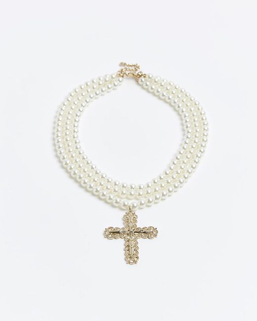 River Island White Pearl Cross Multirow Necklace