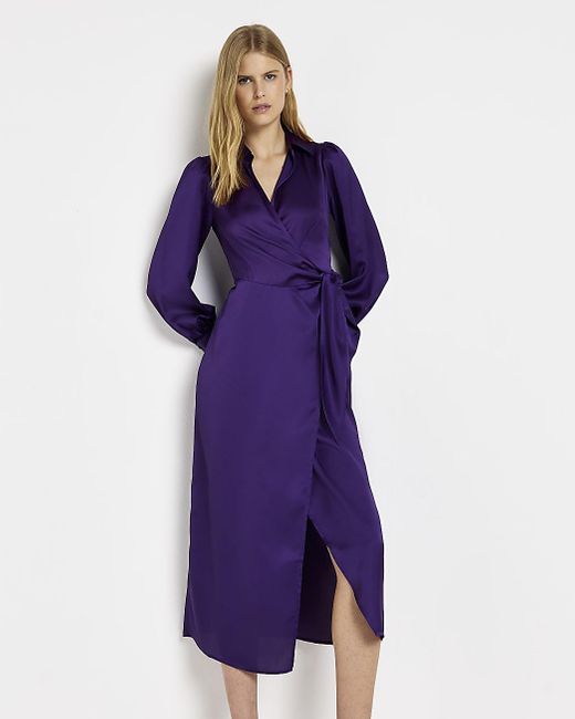 River Island Purple Satin Long Sleeve Maxi Wrap Dress | Lyst Canada