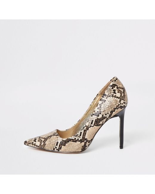 River Island Brown Snake Print Skinny Heel Court Shoes | Lyst