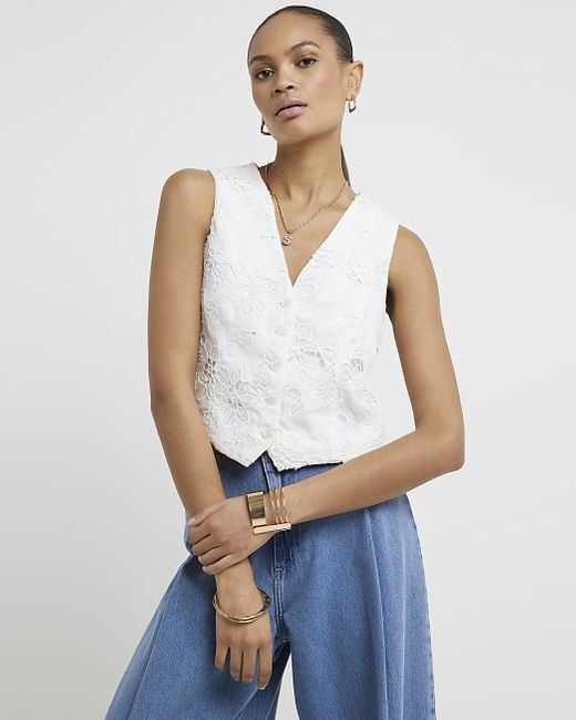 River Island Blue White Floral Embroidered Waistcoat
