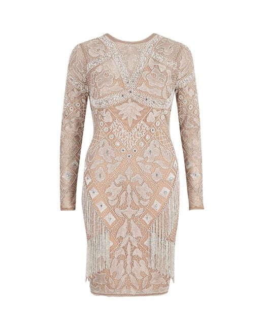 River Island Nude Embellished Long Sleeve Bodycon Dress in Natural | Lyst  Canada