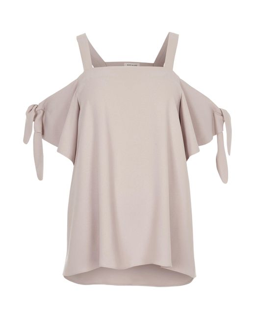 River Island Gray Blush Pink Cold Shoulder Bow Tied Top