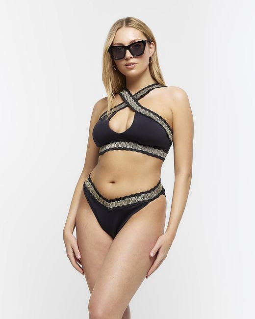 River Island Black Sequin Elastic Halter Bikini Top
