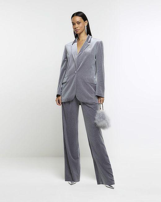 River Island Grey Velvet Sparkle Tux Blazer in Gray Lyst