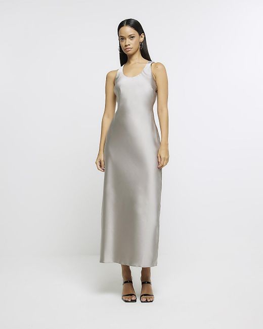 River Island Silver Satin Maxi Slip Dress in White | Lyst