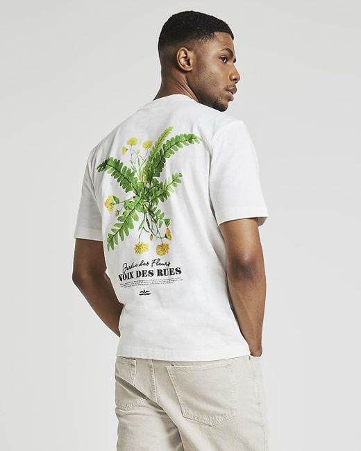 River Island White Ecru Graphic Floral T-shirt for men