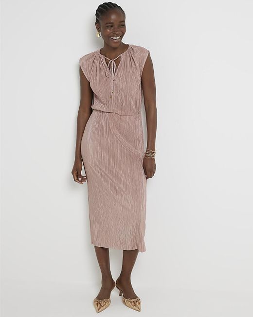 River Island Brown Pink Plisse Elasticated Shift Midi Dress